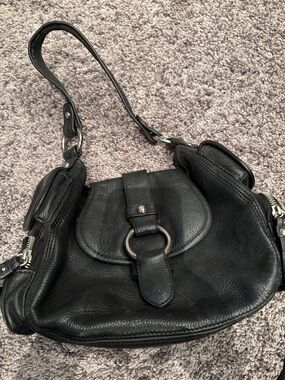 Black Leather Shoulder Bag with Ring Accent